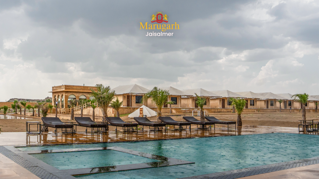 Luxury desert resort in Jaisalmer during monsoon with pool and luxury tents