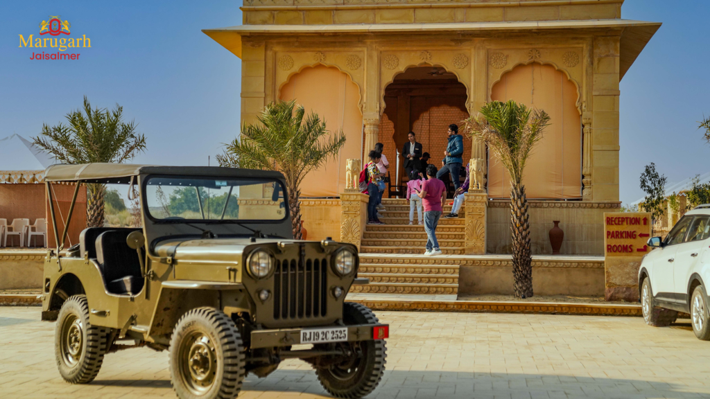 Vintage jeep parked outside the best desert resort in Jaisalmer.